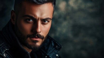 Obraz premium A close-up portrait of a man with a beard, wearing a leather jacket, taken against a dark textured background at dusk