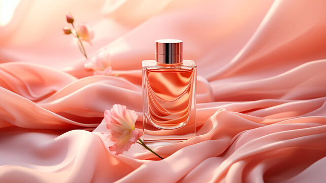Perfume en fondo rosa pastel con telas rosas que simulan olas del mar