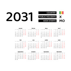 Calendar 2031 French language with Mali public holidays. Week starts from Monday. Graphic design vector illustration.