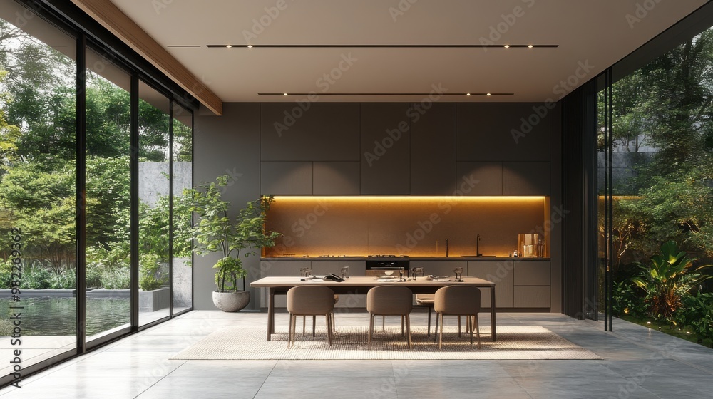 Wall mural modern style dining room with gray theme. 