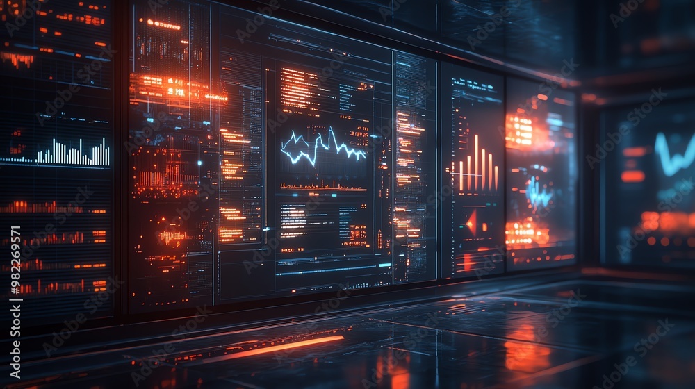 Poster futuristic digital interface with glowing data screens displaying graphs, charts, and numbers.