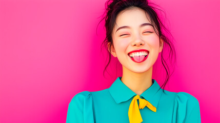 Naklejka premium cheerful young asian woman in vibrant clothing smiling playfully and sticking out her tongue