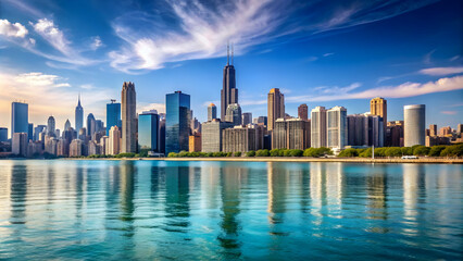 Fototapeta premium Chicago cityscape with iconic skyline sign overlooking Lake Michigan, Chicago, cityscape, skyline, sign