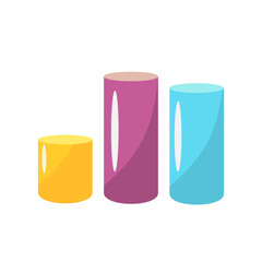 Three colorful cylinders of varying sizes yellow, purple, and blue ideal for graphic design projects, educational materials, and creative concepts