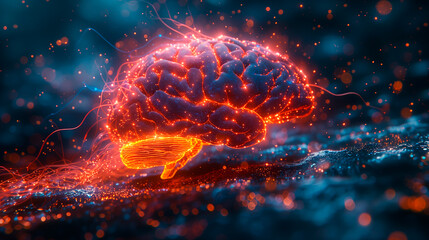 Glowing neural brain with energy connections in futuristic technology concept