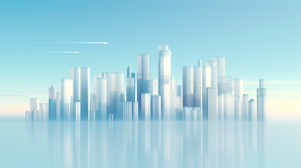 futuristic city skyline with flying vehicles over calm water and clear sky