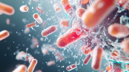 Naklejka premium Bacterial colonies exhibit antibiotic resistance, showcasing vibrant colors and dynamic movement. This image captures intricate details of bacteria in action, emphasizing their resilience