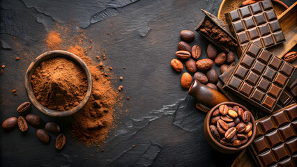 Decadent display of cocoa powder and chocolate on dark background, cocoa, powder, chocolate, decadent, display, mesmerizing