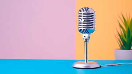Vintage microphone on pastel-colored background with a potted plant