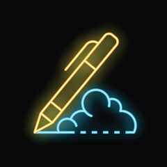 Neon glowing icon of a pen writing on a cloud computing symbol, representing data storage, online services, and digital innovation