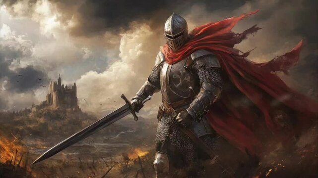 Medieval knight in shining armor with a red cape wielding a sword, standing on a dramatic battlefield. Seamless looping 4k time-lapse video background
