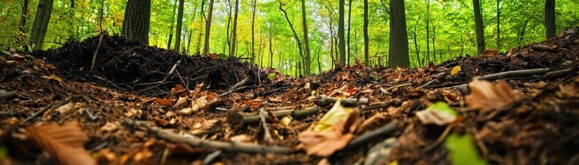 Obraz premium A serene forest scene with a focus on the forest floor, showcasing vibrant greenery and fallen leaves, creating a captivating natural atmosphere.