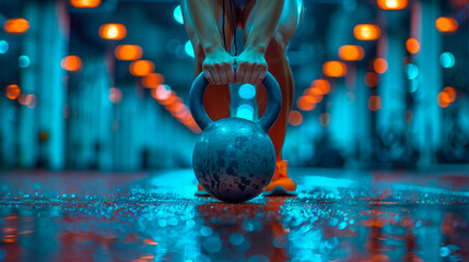 Focused athlete lifting kettlebell in a brightly lit gym