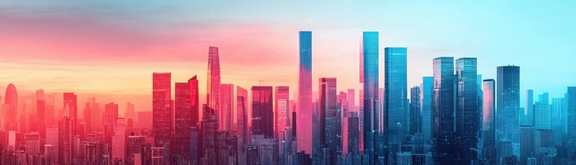 A stunning urban skyline with vibrant colors at sunset, showcasing modern architecture and a captivating city atmosphere.
