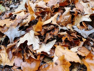 A close-up view of dry autumn leaves, showcasing a mix of browns and yellows, layered on the ground, creating an earthy and textured landscape.