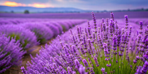 Obraz premium Field of lavender in full bloom with a vibrant purple hue, lavender, field, blooming, flowers, purple, nature, landscape