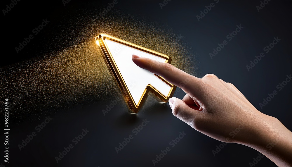 Poster a glowing cursor pointer with a finger hovering over it, creating a magical effect on a dark backgro