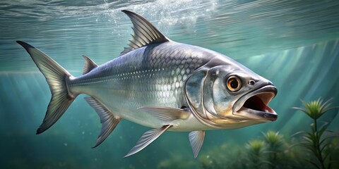 Fototapeta premium A sleek silver fish with razor-sharp teeth and a distinctive elongated jawline propels itself with ease through the