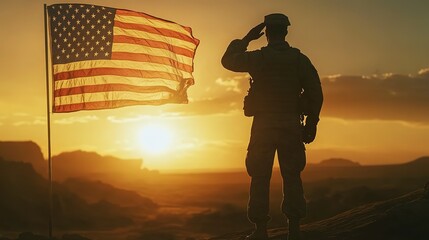 A silhouette of a soldier saluting, with the sun rising in the background and a large American flag waving in front of him.
