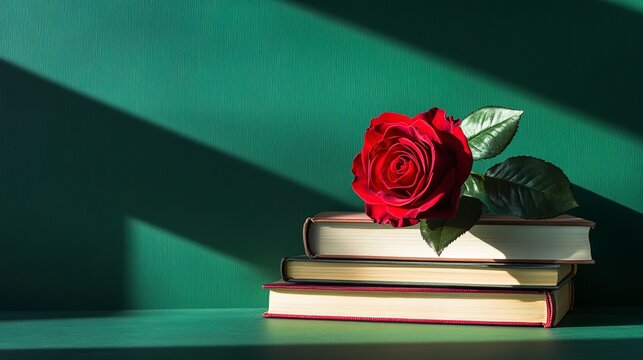 A poster with a rose on books celebrating Sant Jordi s Day and International Book Day on a green background with shadows and space for copy
