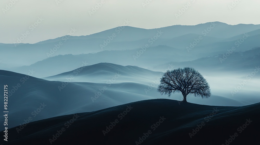 Poster solitary tree on the edge of rolling hills, with mist rising from below and mountains in the background, symbolizing solitude, sky is dark yet ethereal, scene, emotional, light and shadow