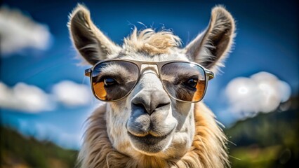 Obraz premium A sly grin spreads across the llama's mug as it dons retro sunglasses, its tilted head conveying a