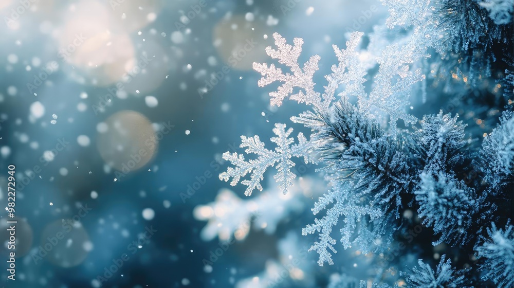 Aufkleber a serene winter scene showcasing delicate snowflakes gently falling on frosted branches, creating a 