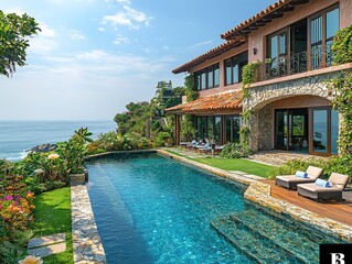 Fototapeta premium Pink villa with ocean view and poolside luxury