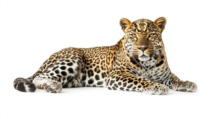 Obraz premium Leopard Lying Down on White Background