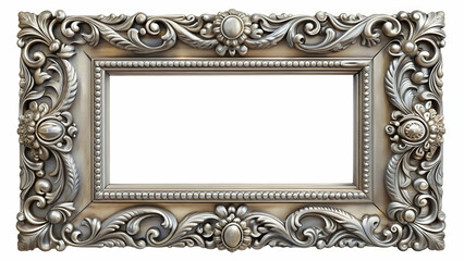 Silver metallic frame with intricate detailing, perfect for showcasing fine art or photographs, silver, frame