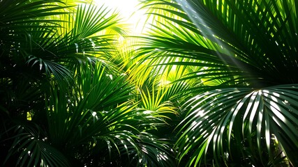 Fototapeta premium Sunlight filtering through lush tropical palm leaves