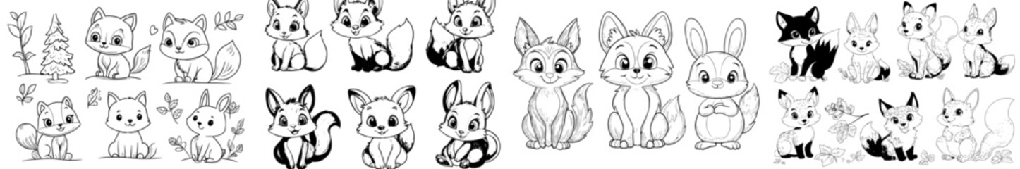 Forest animals for coloring book set in black and white. Woodland characters outline collection with fox, bear, wolf, rabbit, and others.