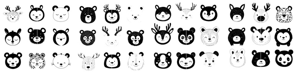 Scandinavian children illustration. Hand-drawn cute black animals for baby. Deer, fox, sloth, rhinoceros, cat, hare, hippopotamus, giraffe, lion, owl, dog, tiger, bear, panda, penguins, and raccoons.