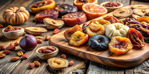 Fototapeta premium A close-up shot of a variety of dried fruits and figs on a wooden board, figs, dried fruits, healthy snacks