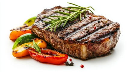 Grilled steak with charred edges garnished