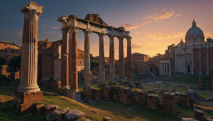 Obraz premium the ancient ruins of the Roman Forum at dusk, with the remaining columns and arches glowing softly as the sun sets