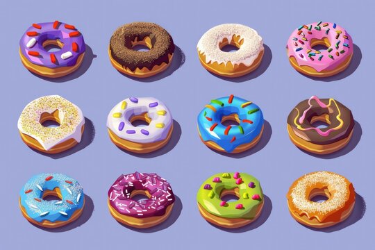A set of donuts with various colors and sprinkles. The donuts are arranged in a row, with some of them being closer to the viewer and others further away. Scene is cheerful and colorful