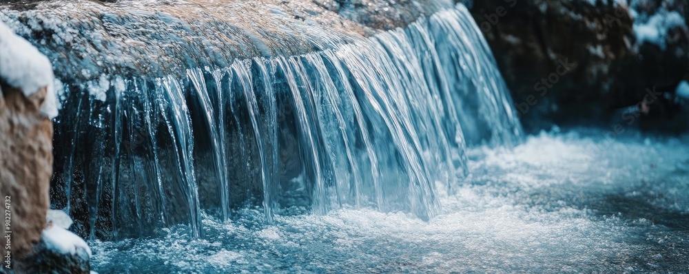 Poster A serene view of a gentle waterfall cascading over rocks, creating a tranquil atmosphere in nature's embrace.