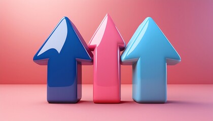 Three glossy arrow shapes pointing upward, colored in blue, pink, and light blue, against a soft pink background, suggesting progress and growth.