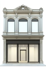 Fototapeta premium A large building with a lot of windows and a black awning. The building is white and has a lot of detail