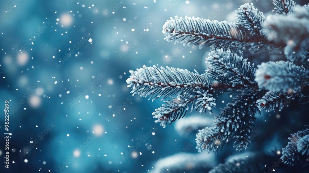Poster a close-up of frosty pine branches covered in snow, capturing the essence of winter with a serene bl