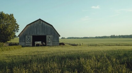 Obraz premium Rustic Barn with Cow in Rural Field