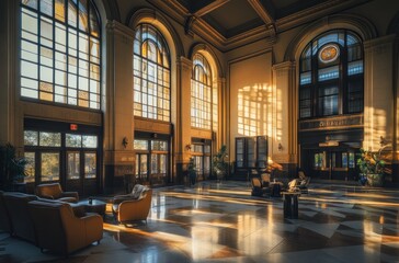 Sunlight Streaming Through Grand Hall Windows