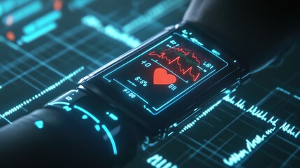 Fototapeta premium A digital health monitoring device tracking heart rate and vitals on a patient wrist.