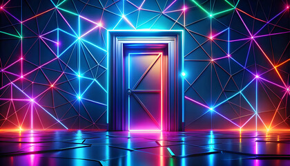 Abstract digital open door in future Technology portal with bright neon light Low poly futuristic