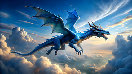 Fototapeta premium Legendary giant blue dragon soaring in the sky, mythical, creature, fantasy, ancient, Chinese, dragon, powerful, majestic