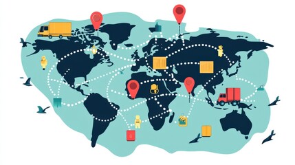 Naklejka premium A cartoon map with dotted lines showing routes of delivery across countries.