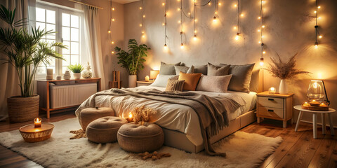 Cozy bedroom with earthy tones and romantic elements, featuring warm lighting, fluffy pillows, and a dreamy ambiance, cozy