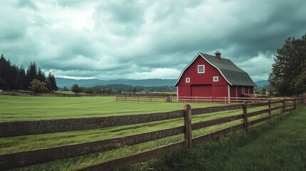 Red Barn in a Green Field with a Cloudy Sky