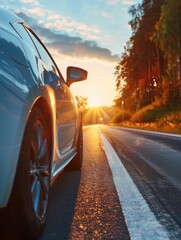 A car is driving down a road with the sun shining on it. The car is white and has a shiny finish. The road is empty and the sky is clear